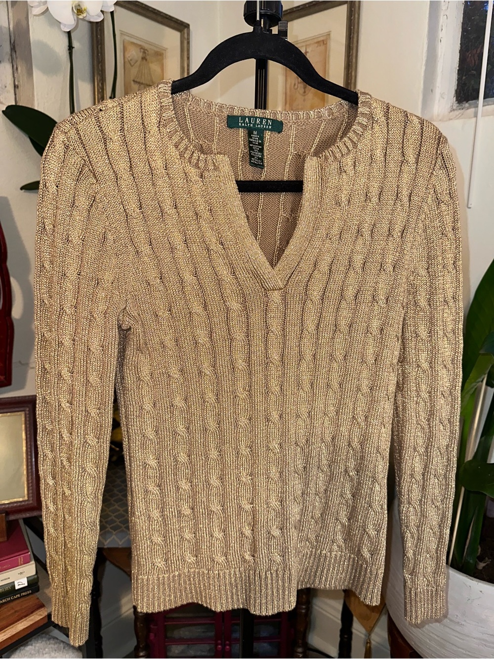 Lauren Ralph Lauren Gold Metallic Cable-Knit Split-Neck Sweater.